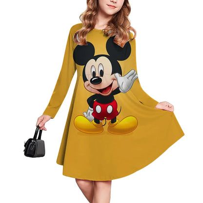 New Spring and Autumn Children's Clothing, Disney Mickey Mouse 3D Print Short Sleeve Romantic Dress for Girls 3-14 Years Old