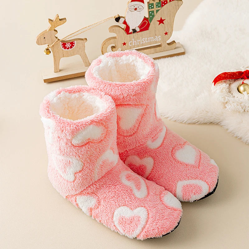 A Pair of Women's Winter Home Slippers, Warm, Padded, Thick, Colorful, Love, Mid-calf, Non-slip, Women's Walking Shoes