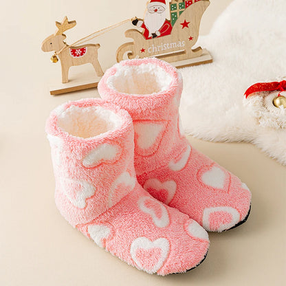 A Pair of Women's Winter Home Slippers, Warm, Padded, Thick, Colorful, Love, Mid-calf, Non-slip, Women's Walking Shoes
