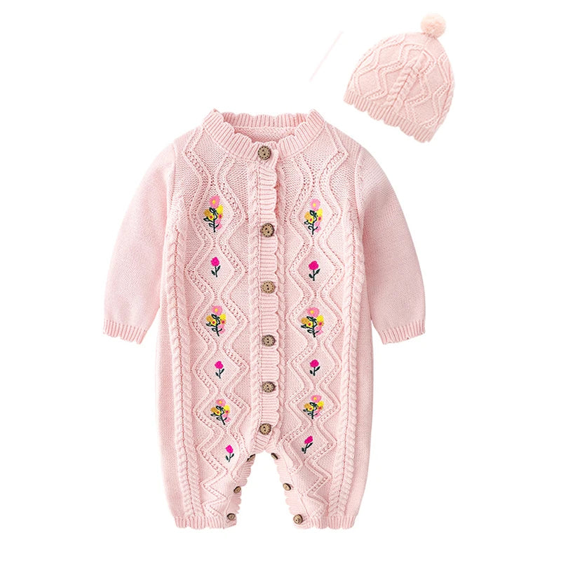 New Baby Girls Knit Romper with Hat Floral Embroidery Long Sleeve Autumn Baby Girls Knit Jumpsuit