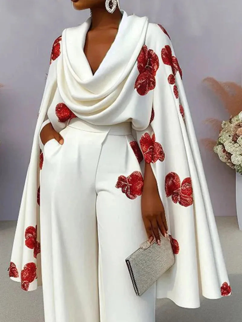 Women's Elegant Y2K Floral Print Office Lady Long Sleeve Shawl Top Ruched Wide Leg Pants Two Piece Set Loose Outfits