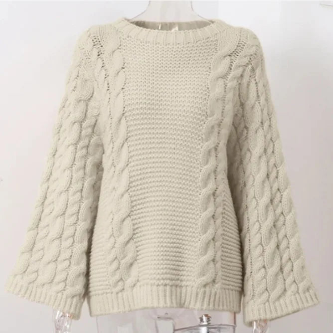Women Loose Big Chunky Twist Knitted Sweater Casual Crochet Round Neck Pullover Solid Color New Knitwear