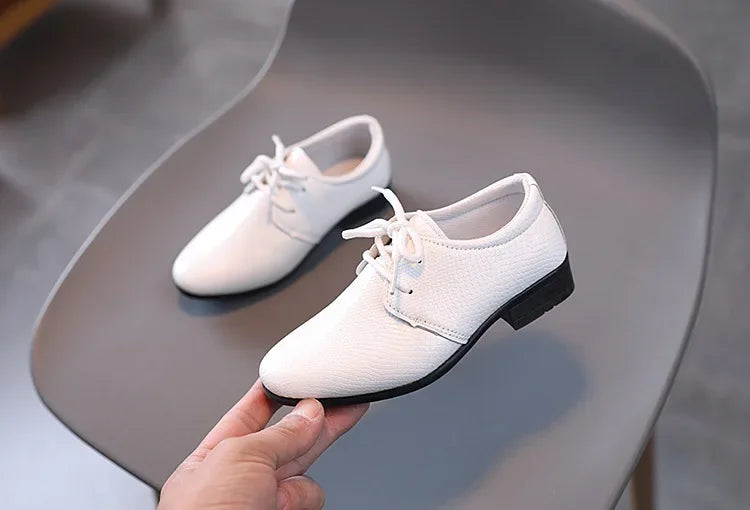 Men's leather shoes, black and white, versatile, children's, for school performance, casual, fashion, lace-up, children's formal shoes