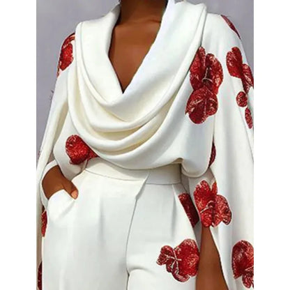 Women's Elegant Y2K Floral Print Office Lady Long Sleeve Shawl Top Ruched Wide Leg Pants Two Piece Set Loose Outfits