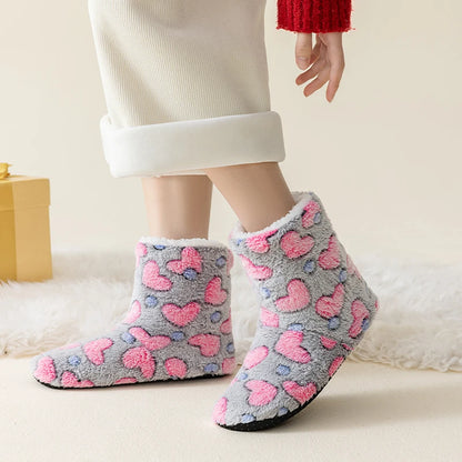 A Pair of Women's Winter Home Slippers, Warm, Padded, Thick, Colorful, Love, Mid-calf, Non-slip, Women's Walking Shoes