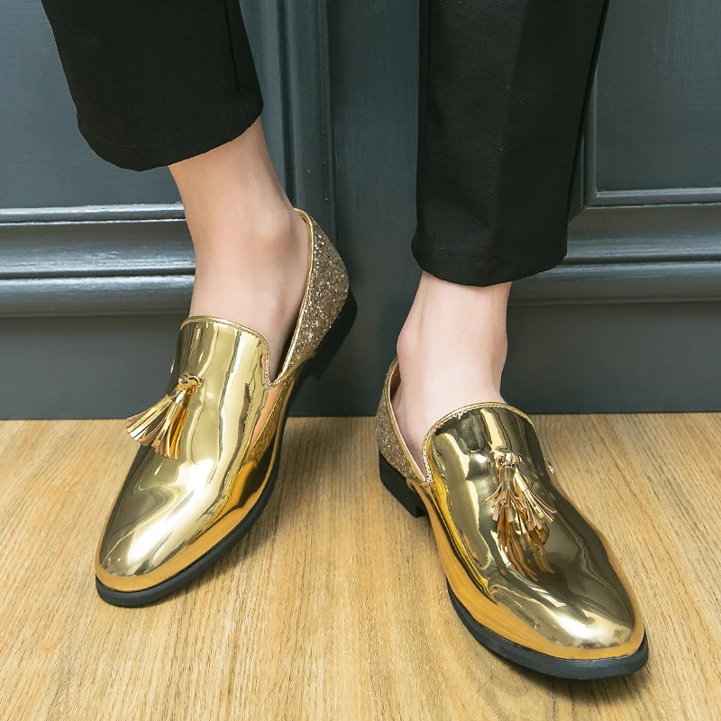 High quality luxury gold men's loafers thick sole fashion leather nightclub shoes formal business shoes plus size