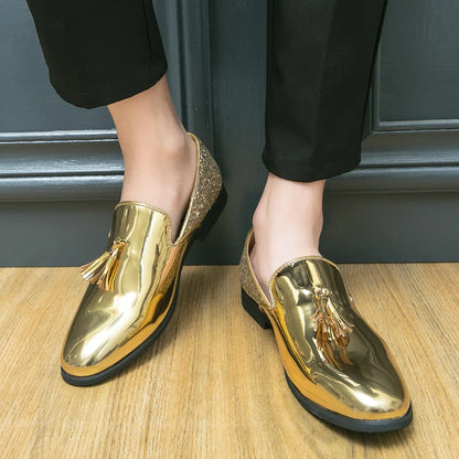 High quality luxury gold men's loafers thick sole fashion leather nightclub shoes formal business shoes plus size