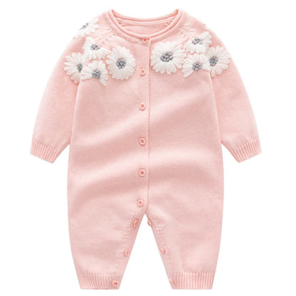 New Baby Girls Knit Romper with Hat Floral Embroidery Long Sleeve Autumn Baby Girls Knit Jumpsuit