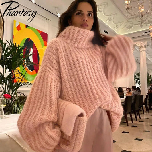 Phantasy Retro Solid Color Knitted High Neck Sweater Women Loose Long Sleeve Pullover Top Vintage Clothing 2025
