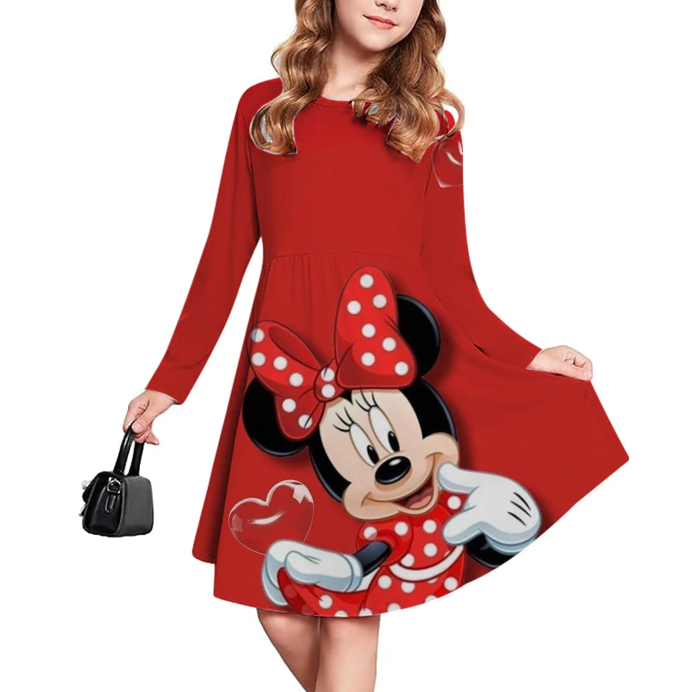 New Spring and Autumn Children's Clothing, Disney Mickey Mouse 3D Print Short Sleeve Romantic Dress for Girls 3-14 Years Old