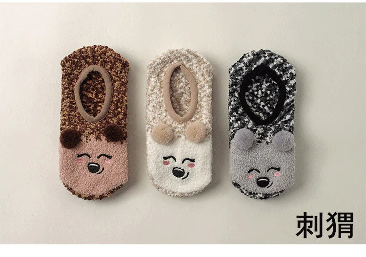 Autumn/Winter Non-Slip Warm Floor Socks, Indoor Yoga Socks, Low-Calf Slippers for Women, Cute Hedgehog Socks for Home, Christmas Gifts