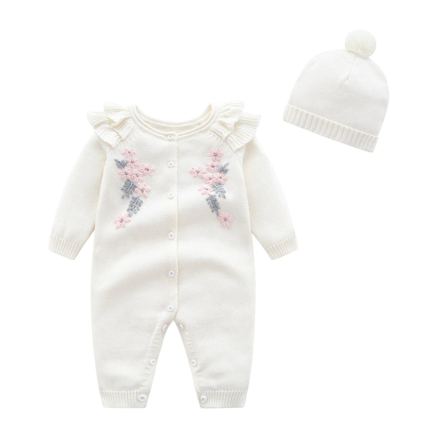 New Baby Girls Knit Romper with Hat Floral Embroidery Long Sleeve Autumn Baby Girls Knit Jumpsuit