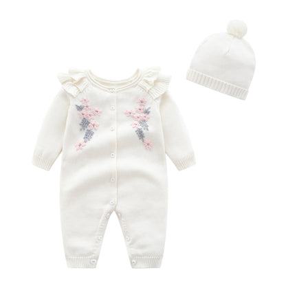 New Baby Girls Knit Romper with Hat Floral Embroidery Long Sleeve Autumn Baby Girls Knit Jumpsuit
