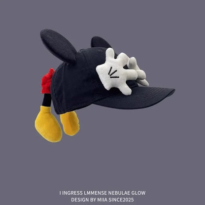 Adorable baseball cap with a cartoon design, a Mickey Mouse parody. Creative and fun hat with large ears and a duck tongue—modern and versatile.