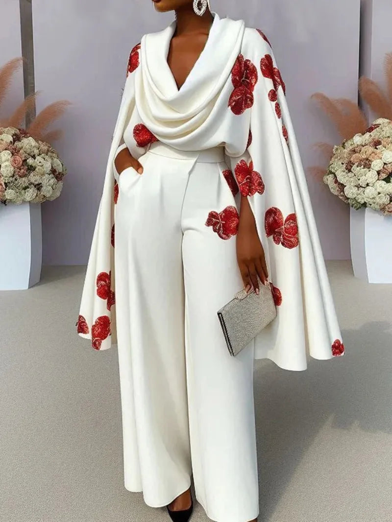 Women's Elegant Y2K Floral Print Office Lady Long Sleeve Shawl Top Ruched Wide Leg Pants Two Piece Set Loose Outfits