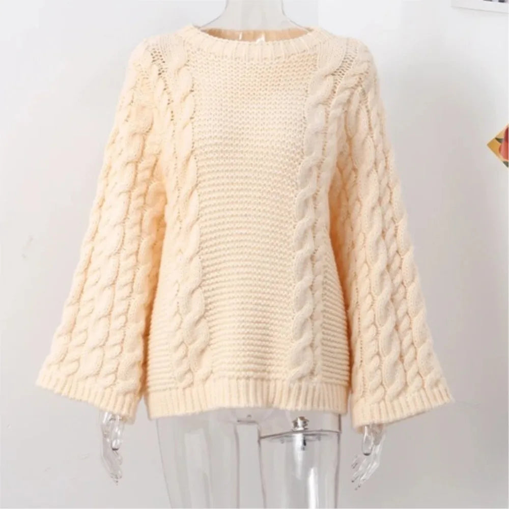 Women Loose Big Chunky Twist Knitted Sweater Casual Crochet Round Neck Pullover Solid Color New Knitwear