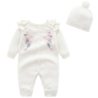 New Baby Girls Knit Romper with Hat Floral Embroidery Long Sleeve Autumn Baby Girls Knit Jumpsuit