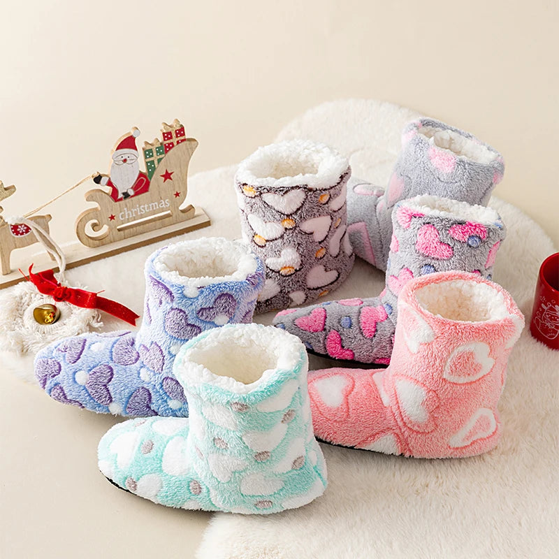 A Pair of Women's Winter Home Slippers, Warm, Padded, Thick, Colorful, Love, Mid-calf, Non-slip, Women's Walking Shoes