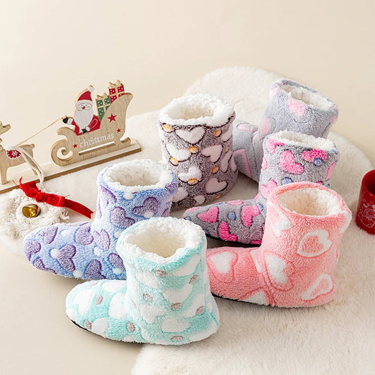 A Pair of Women's Winter Home Slippers, Warm, Padded, Thick, Colorful, Love, Mid-calf, Non-slip, Women's Walking Shoes