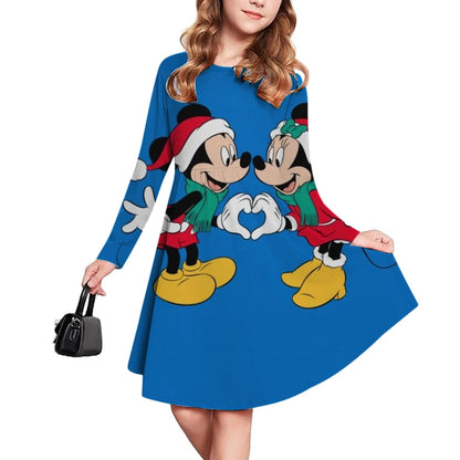 Casual Christmas Kids Clothes Autumn Fashion Disney Mickey Mouse Cartoon Printed Dress Girls Long Sleeve Pleated Skirt