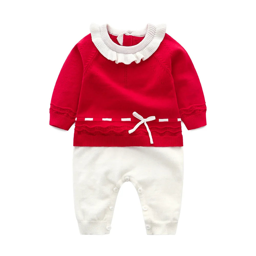 New Baby Girls Knit Romper with Hat Floral Embroidery Long Sleeve Autumn Baby Girls Knit Jumpsuit