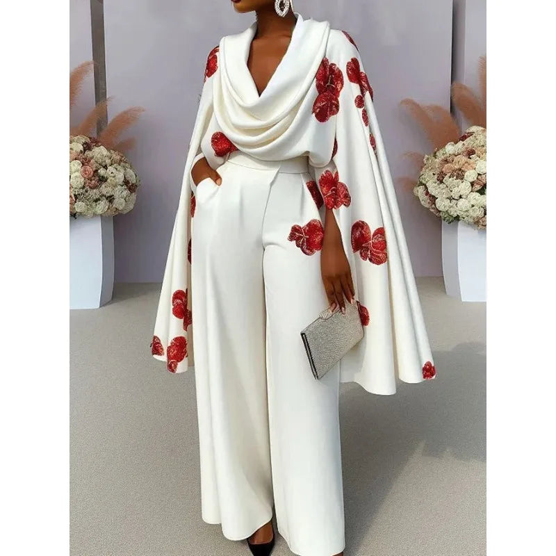 Women's Elegant Y2K Floral Print Office Lady Long Sleeve Shawl Top Ruched Wide Leg Pants Two Piece Set Loose Outfits