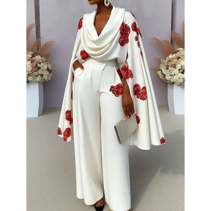 Women's Elegant Y2K Floral Print Office Lady Long Sleeve Shawl Top Ruched Wide Leg Pants Two Piece Set Loose Outfits