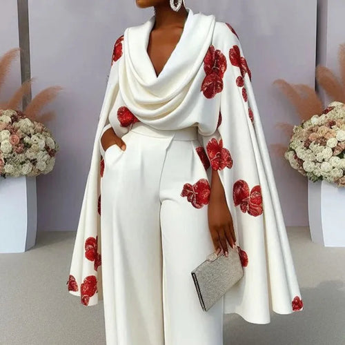 Women's Elegant Y2K Floral Print Office Lady Long Sleeve Shawl Top Ruched Wide Leg Pants Two Piece Set Loose Outfits