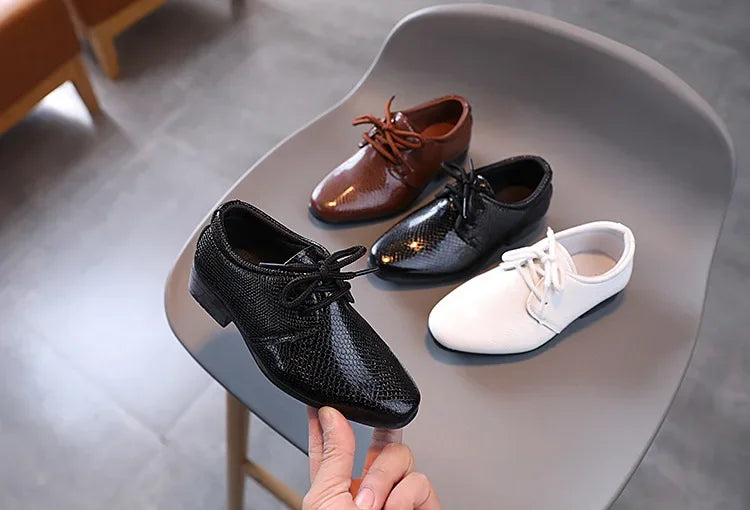 Men's leather shoes, black and white, versatile, children's, for school performance, casual, fashion, lace-up, children's formal shoes