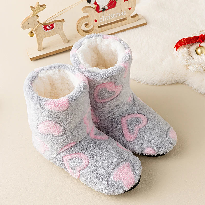 A Pair of Women's Winter Home Slippers, Warm, Padded, Thick, Colorful, Love, Mid-calf, Non-slip, Women's Walking Shoes