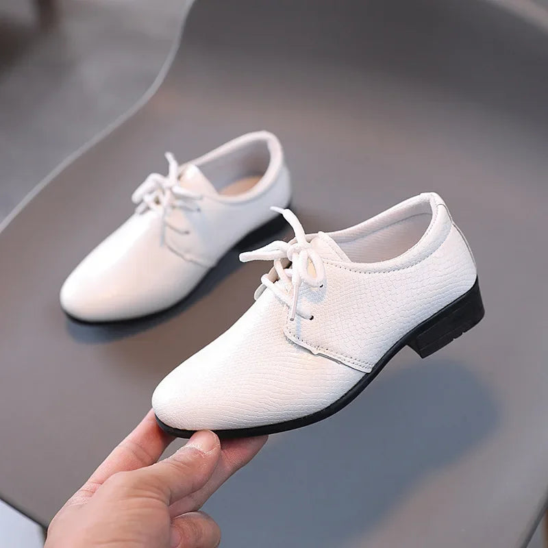 Men's leather shoes, black and white, versatile, children's, for school performance, casual, fashion, lace-up, children's formal shoes