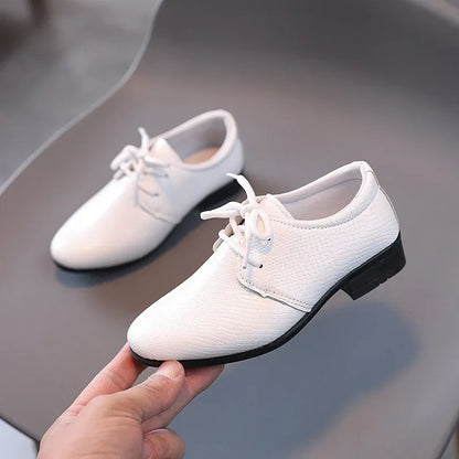 Men's leather shoes, black and white, versatile, children's, for school performance, casual, fashion, lace-up, children's formal shoes