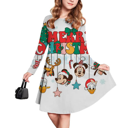 Casual Christmas Kids Clothes Autumn Fashion Disney Mickey Mouse Cartoon Printed Dress Girls Long Sleeve Pleated Skirt