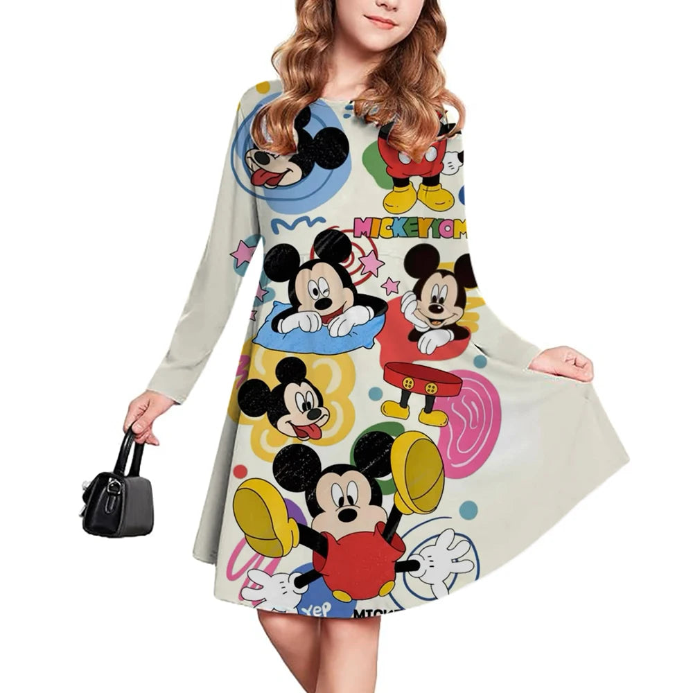 New Spring and Autumn Children's Clothing, Disney Mickey Mouse 3D Print Short Sleeve Romantic Dress for Girls 3-14 Years Old