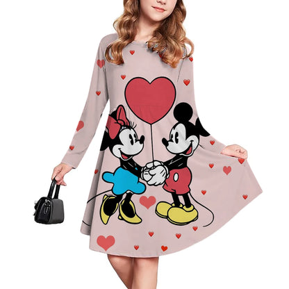 New Spring and Autumn Children's Clothing, Disney Mickey Mouse 3D Print Short Sleeve Romantic Dress for Girls 3-14 Years Old