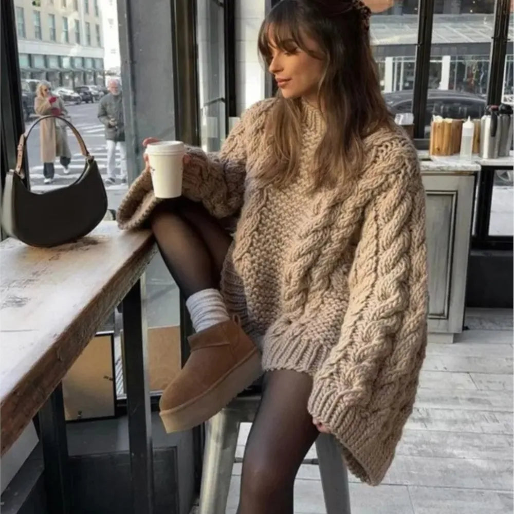 Women Loose Big Chunky Twist Knitted Sweater Casual Crochet Round Neck Pullover Solid Color New Knitwear