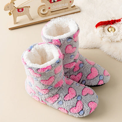 A Pair of Women's Winter Home Slippers, Warm, Padded, Thick, Colorful, Love, Mid-calf, Non-slip, Women's Walking Shoes