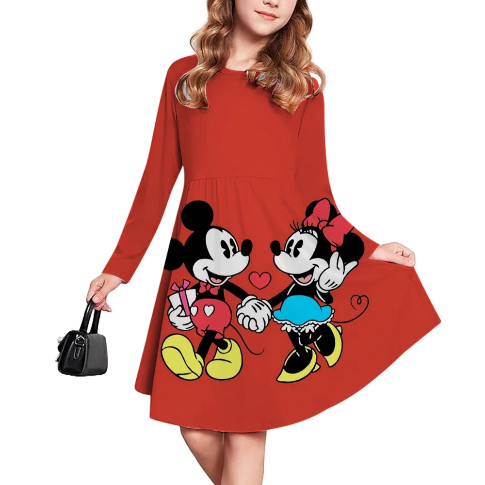 New Spring and Autumn Children's Clothing, Disney Mickey Mouse 3D Print Short Sleeve Romantic Dress for Girls 3-14 Years Old