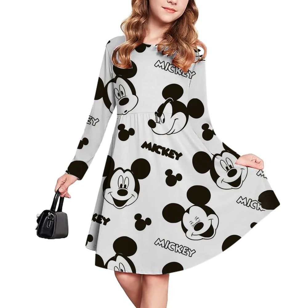 New Spring and Autumn Children's Clothing, Disney Mickey Mouse 3D Print Short Sleeve Romantic Dress for Girls 3-14 Years Old
