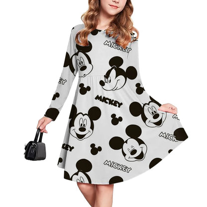 New Spring and Autumn Children's Clothing, Disney Mickey Mouse 3D Print Short Sleeve Romantic Dress for Girls 3-14 Years Old