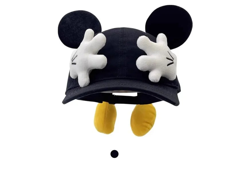 Adorable baseball cap with a cartoon design, a Mickey Mouse parody. Creative and fun hat with large ears and a duck tongue—modern and versatile.