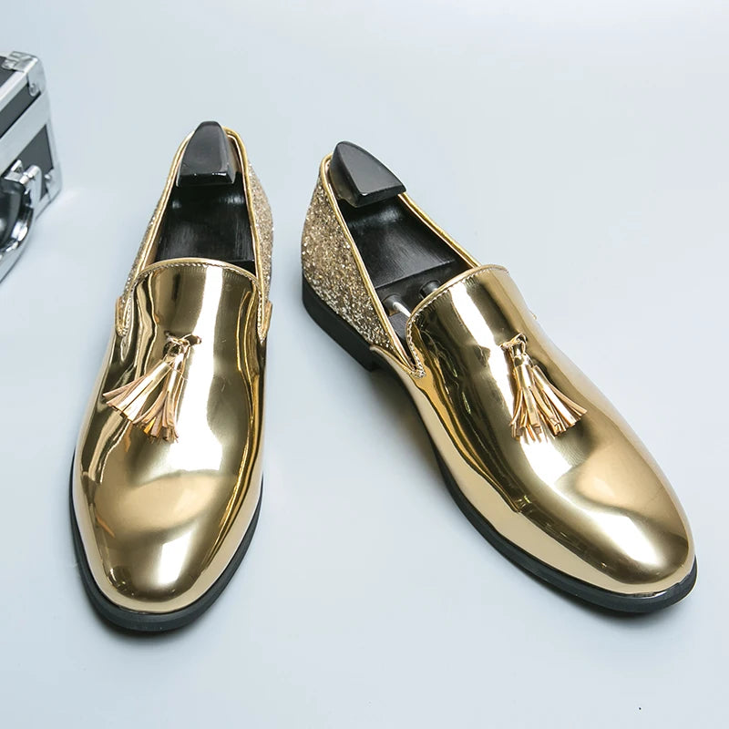 High quality luxury gold men's loafers thick sole fashion leather nightclub shoes formal business shoes plus size