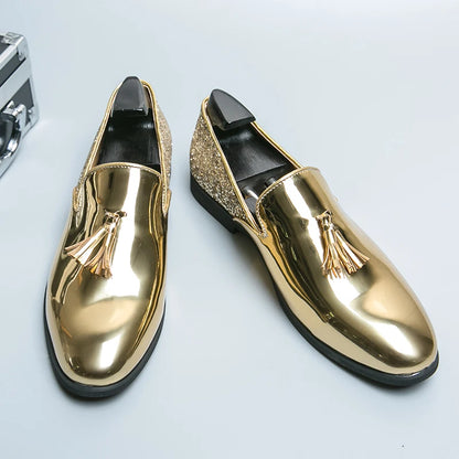 High quality luxury gold men's loafers thick sole fashion leather nightclub shoes formal business shoes plus size