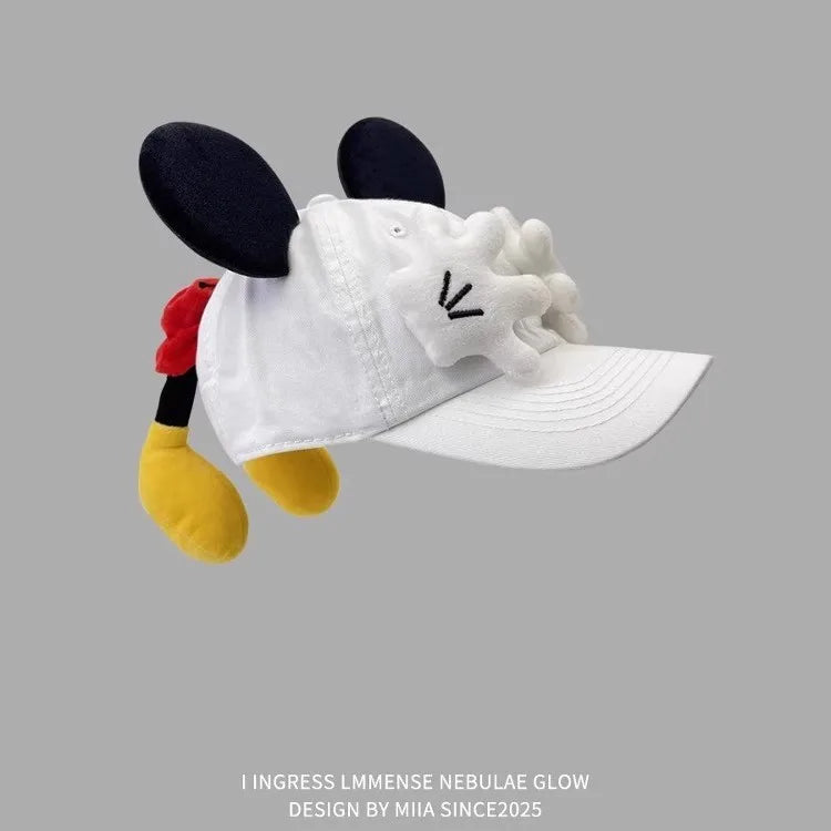 Adorable baseball cap with a cartoon design, a Mickey Mouse parody. Creative and fun hat with large ears and a duck tongue—modern and versatile.