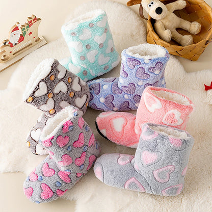 A Pair of Women's Winter Home Slippers, Warm, Padded, Thick, Colorful, Love, Mid-calf, Non-slip, Women's Walking Shoes