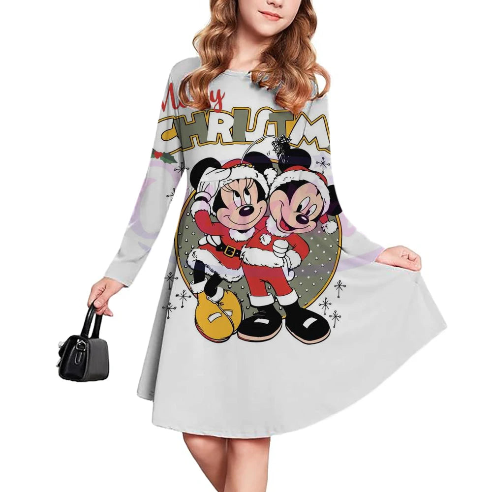 Casual Christmas Kids Clothes Autumn Fashion Disney Mickey Mouse Cartoon Printed Dress Girls Long Sleeve Pleated Skirt
