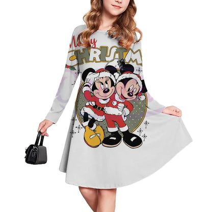 Casual Christmas Kids Clothes Autumn Fashion Disney Mickey Mouse Cartoon Printed Dress Girls Long Sleeve Pleated Skirt