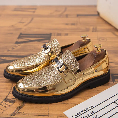 Luxury Golden Bullock Men Shoes, Formal Business Leather Casual Shoes, Italian Wedding Shoes for Banquet
