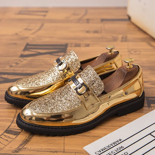 Luxury Golden Bullock Men Shoes, Formal Business Leather Casual Shoes, Italian Wedding Shoes for Banquet