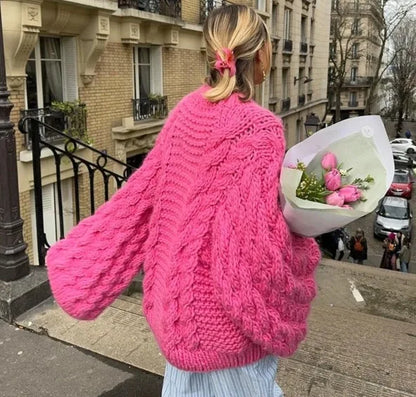 Women Loose Big Chunky Twist Knitted Sweater Casual Crochet Round Neck Pullover Solid Color New Knitwear